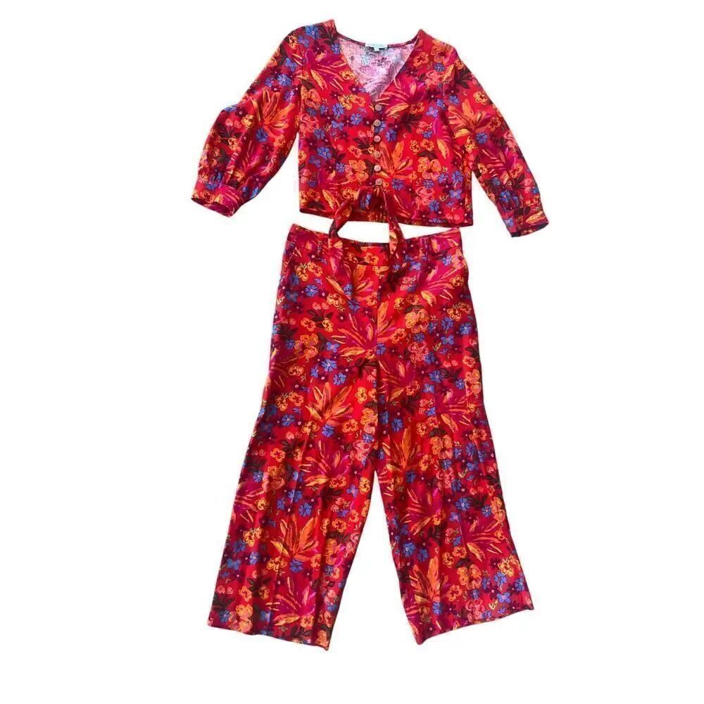 Anthropologie Maison d’ Amelie Red Floral Linen Button Top S, Trouser Pants M
